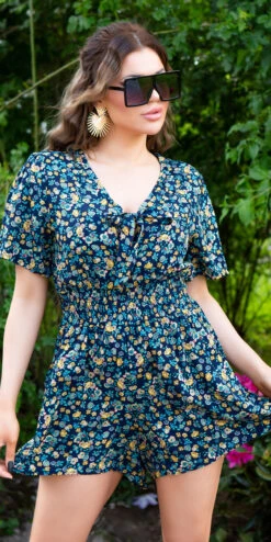 Combinaison Short Fluide Fleurie Marine