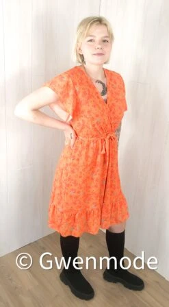 Robe Fleurie Avec Volants Orange